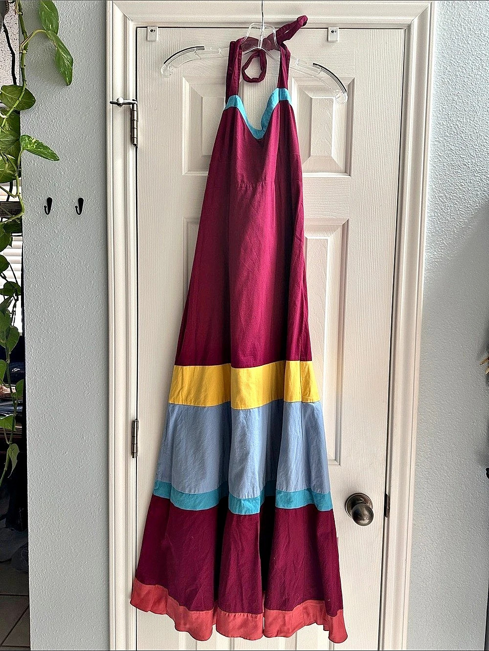 Anthropologie Maeve Color Block Halter Maxi Dress Satin Trim Purple Teal Size 8